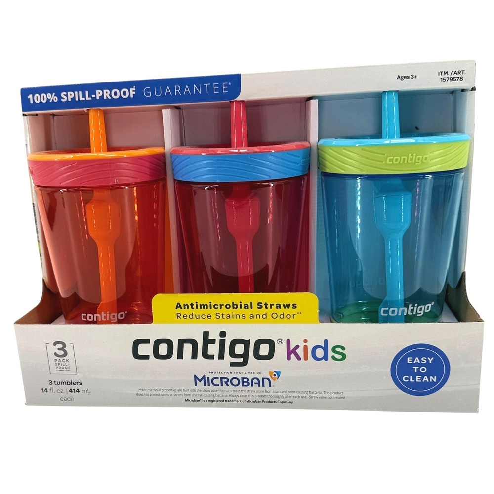 Contigo Kids 3 Pack Spill-Proof Tumblers 14oz Microban Antimicrobial Straws NEW